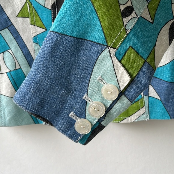 Vintage Linen Harve Benard Jacket Petite Geometric Pattern Blue Green Turquoise - Picture 6 of 8